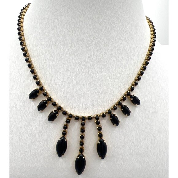 Vtg 50s Black Rhinestone Bib Necklace Set Gold Tone Screwback Earrings Waterfall - Picture 9 of 9